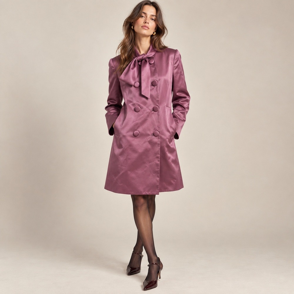 BCBGMAXAZRIA Coat Women M Purple Satin stand Collar Bow Double Breasted Retro